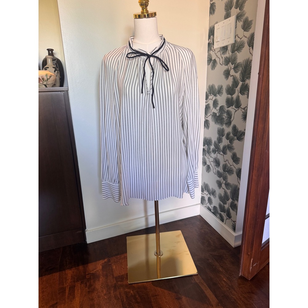 Derek Lam New York Women White Black Pinstripe Tie Neck Long Sleeve‎ Blouse Top